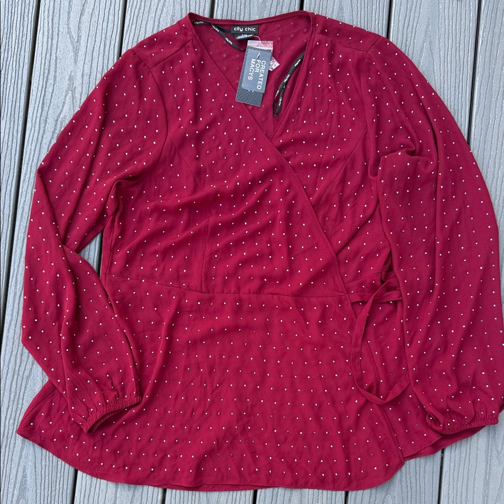 City Chic Deep Red Wrap Blouse with Metallic Stud Detail